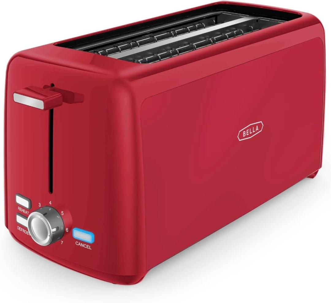 BELLA 4 Slice Toaster, Long Slot & Removable Crumb Tray, 7 Shading Options with Auto Shut Off, Cancel & Reheat Button, Toast Bread & Bagel, Red