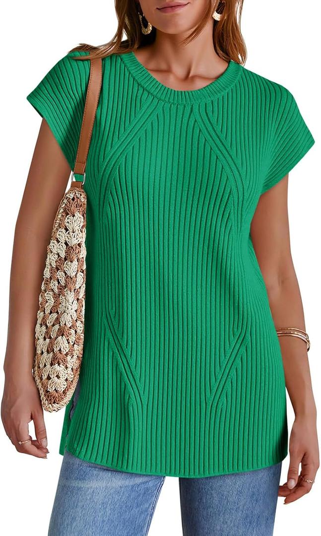 Imily Bela Womens Short Sleeve Sweater Casual Crew Neck Rribbed Knit Split Pullover Summer Tunic Tops (XSmall, Green)