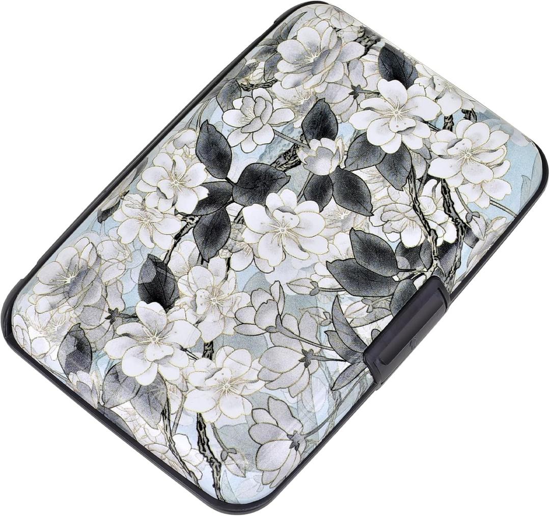 ELFISH Mini RFID Aluminum Wallet Credit Cards Holder Business Card Case Metal ID Case for Men Women (White Lotus)