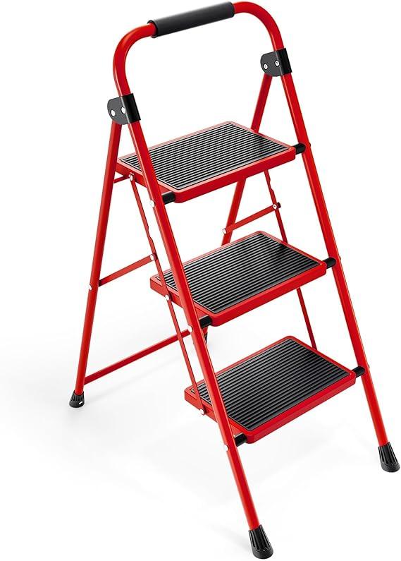 3 Step Ladder, Folding Step Stool with Anti-Slip and Wide Pedal, Lightweight Stepladder with Handrails, Portable for Kitchen, Household, Red