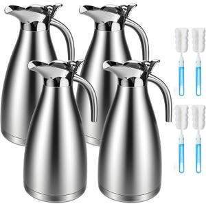 4 PCS 68 Oz Coffee Carafes for Keeping Hot and Cold, Insulated Pitcher Thermal Coffee Carafe with 4 Brushes Stainless Steel Tea Flask Double Walled Vacuum Large Thermos for Hot Drinks, Beverage, Water