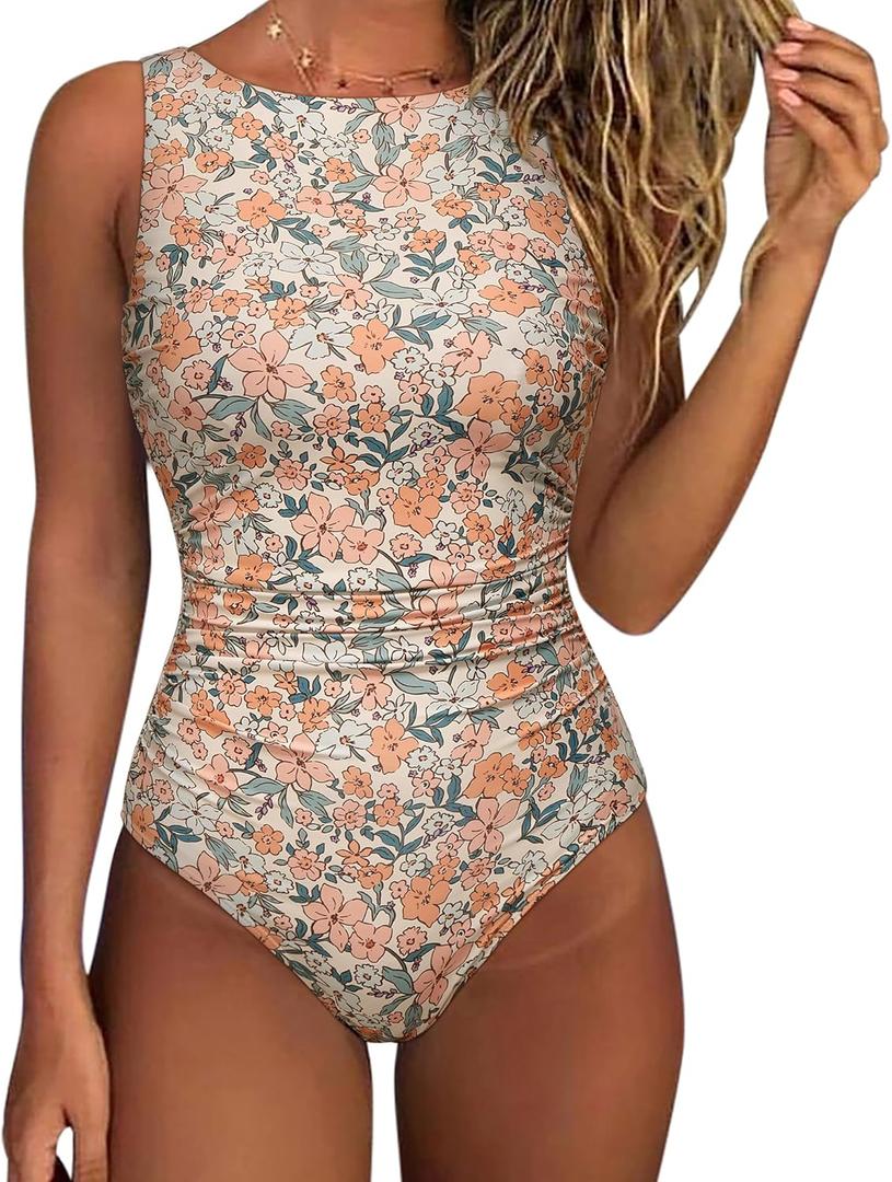 SUUKSESS Women One Piece Ruched Swimsuit Tummy Control Backless Bathing Suit, M