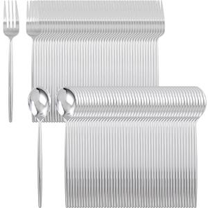 SUT 200Pcs Plastic Silverware,Plastic Spoons and Forks, Disposable Silverware,Silver Plastic Silverware, Disposable Forks and Spoons, Includes 100 forks, 100 spoons for Party, Birthday, Wedding