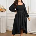 SCOMCHIC Women Plus Size Cocktail Dress Formal Long Sleeve Wedding Guest Smocked High Low Ruffle Dress with Belted (XX-Large Plus, Black)