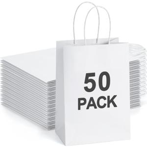 BagDream Small Gift Bags with Handles 50Pcs 5.25x3x8 Inches Kraft Paper Bags Bulk for Party Favor, Retail, Merchandise, Wedding, Gifts, Recyclable White Paper Sacks