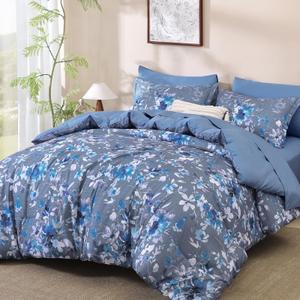 Dobuyly Floral Comforter Set Queen Size Teal Blue Bed in a Bag 7 Piece, Cottage Core Botanical Flower Pattern Spring Bedding Sets with Sheets, Pillowcases & Shams