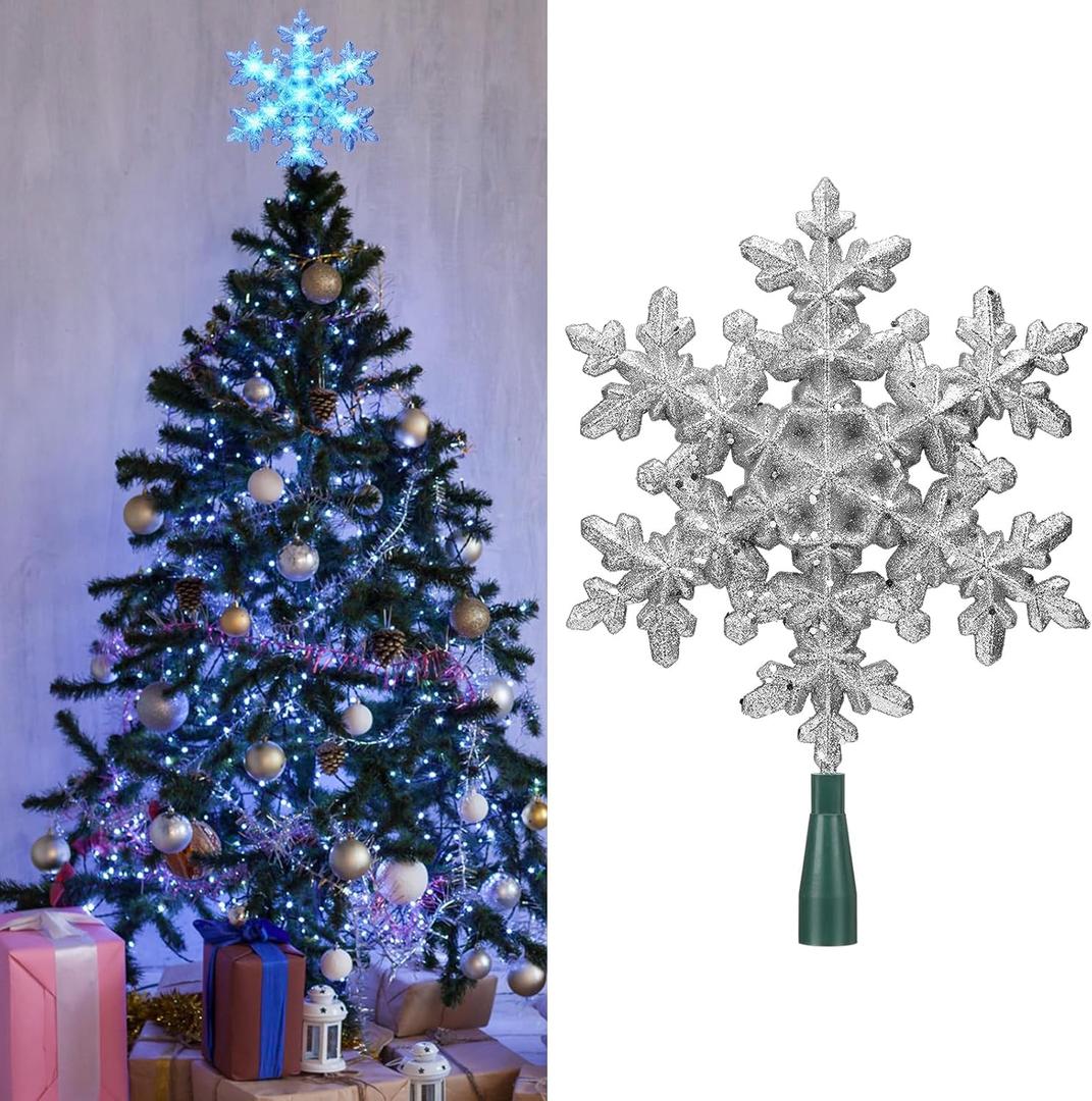 Gejoy 8.25 x 12.75 Inch Lighted Snowflake Christmas Tree Topper Silver with 10 Blue LED Lights 120v Plug in Glitter Christmas Star Tree Topper for Indoor Home Office Xmas Decoration