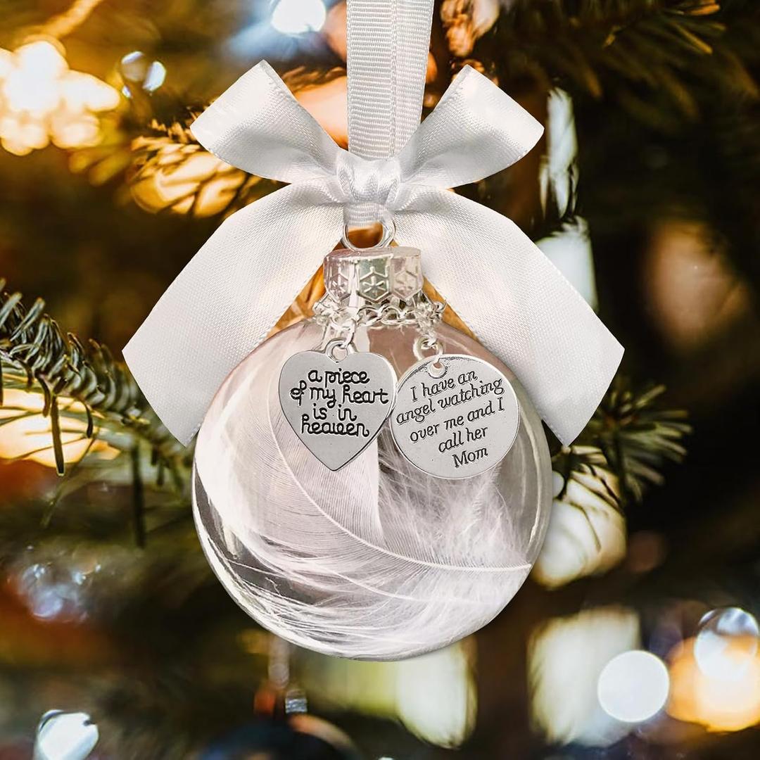 2 x Clear Christmas Memorial Ornaments Feather Ball for Christmas Tree Decorations in Memory of Loved One Charm A Piece of My Heart is in Heaven Loving Memory Gifts for Loss of Mom