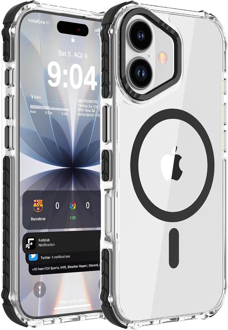 DEERLAMN Strong Magnetic Case for iPhone 16 6.1-Inch,[Compatible with Magsafe][Military Grade Drop Protection] Clear Slim Shockproof Protective Phone Cover-Transparent+Black