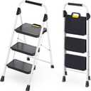 KINGRACK Sturdy Steel 3 Step Ladder, Folding Step Stool with Handrail, Anti-Slip Wide Pedals, Safe-Lock Design, Pass 800lbs Load Testing, Portable Ladder for Multi-Purpose in Home, Kitchen, White