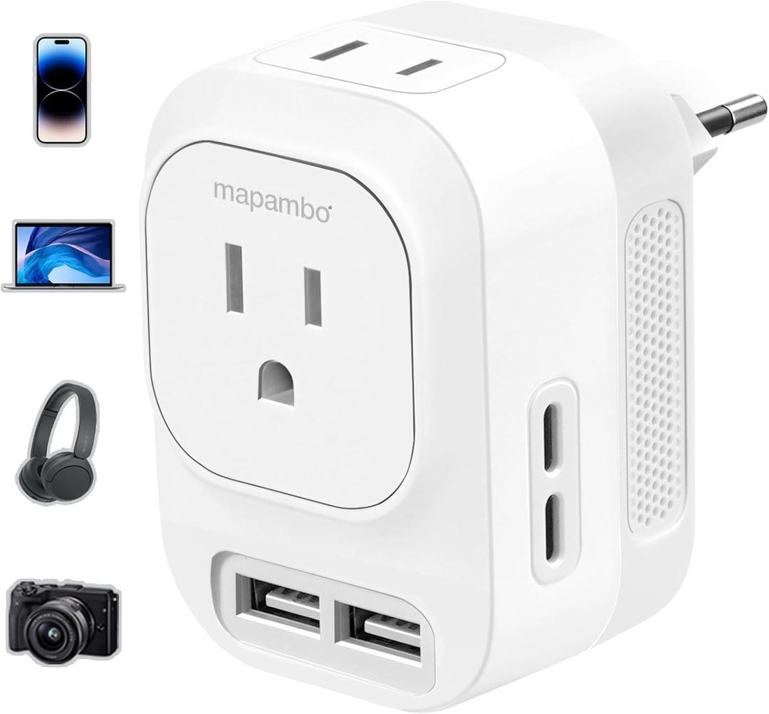 220V to 110V Voltage Converter US to Europe with 2 USB A & 2 USB C Ports Fast Charging, Power Converter for European Travel International Universal Travel Adapter for Italy Germany Spain France