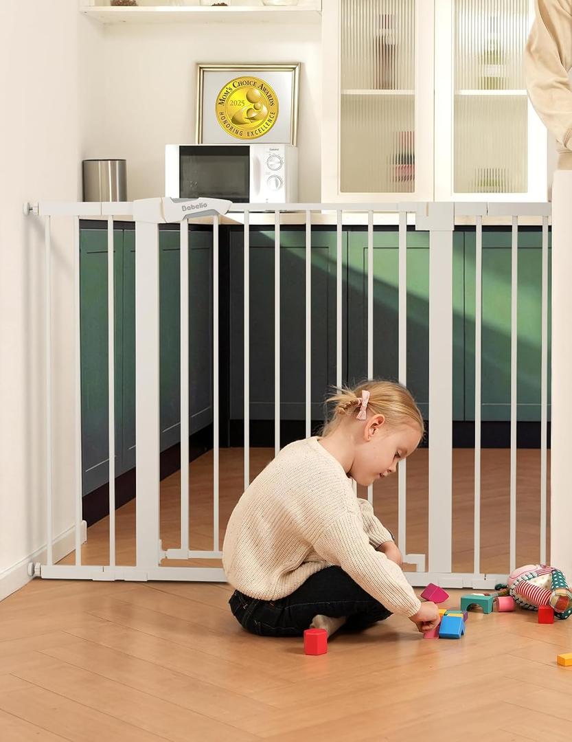 Babelio 36" Tall Baby Gate, PressGuard P7, 29-48" Auto Close Pressure Mounted Dog Gate for Stairs, Doorways & Hallway, Protector Basics Easy Walk Thru Pet Gate, White