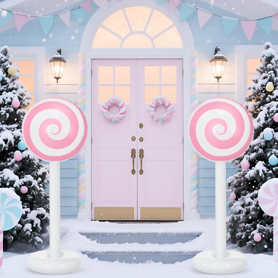 2 Pcs Christmas Inflatable Outdoor Decorations 4 FT Pink Christmas Candy Cane Inflatable Column Decoration for Winter Xmas Lawn Yard Garden Decor(Classic Candy)
