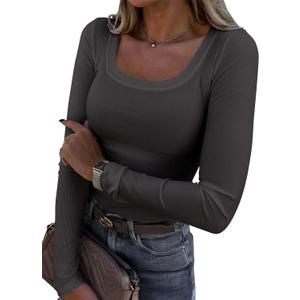 Roselux Womens Long Sleeve Scoop Neck Ribbed Knit Fitted Casual Tops Tee Slim Basic Shirts (Large, Charcoal)