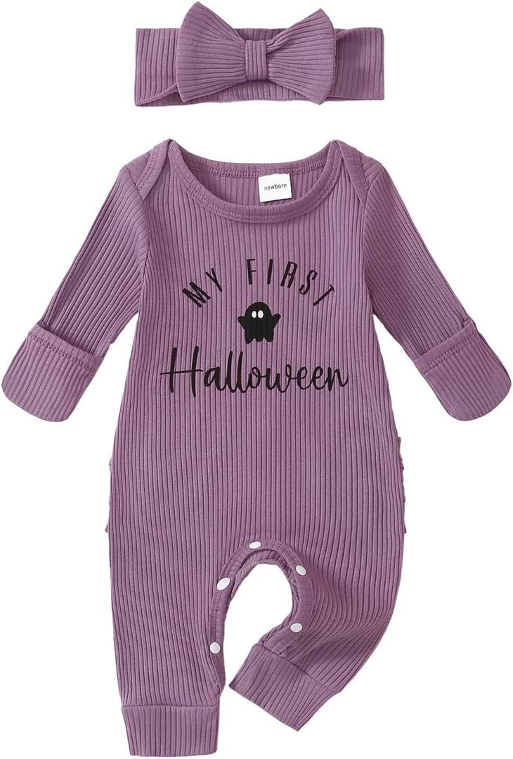 Noubeau Newborn Baby Girl Halloween Outfit Cutest Pumpkin Ribbed Romper Jumpsuit Headband Thanksgiving Clothes (Purple)