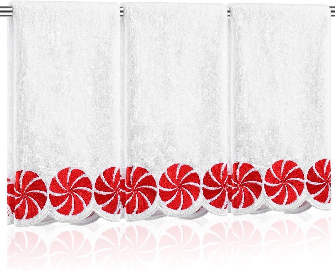 VitalCozy 3 Pack Christmas Hand Towels Embroidered Red White Peppermint Candy Scalloped Dish Towel Cotton Decorative Xmas Gifts for Winter Holiday Kitchen Bathroom Hand Drying, 27.6 x 15.7 Inch