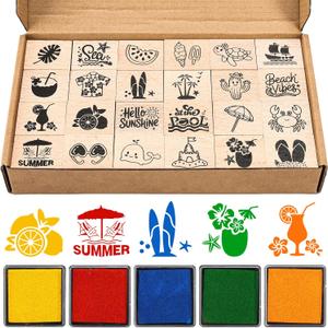 Whaline 24 Pcs Summer Wooden Rubber Stamps Tropical Beach Cartoon DIY Craft Stamps for Hawaiian Coastal Party Decor Scrapbooking Cards Making