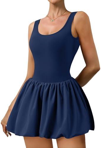 Athletic Dress for Women Bubble Hem Tennis Dress with Pockets U Neck Sleeveless Dress with Built in Shorts, Size Medium