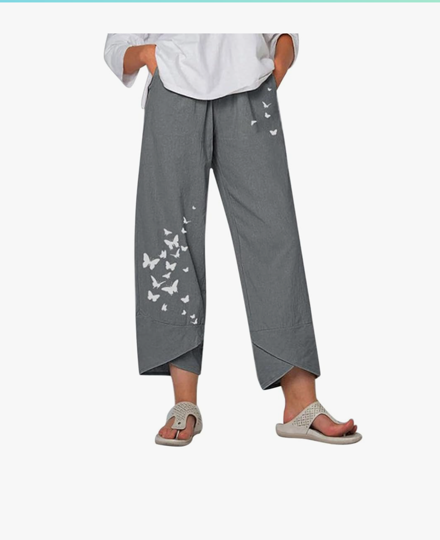 Costaric Cotton Linen Casual Summer Capri Pants Printed Cropped Comfy Baggy Trousers with Pockets Palazzo Lounge Pants, Size L