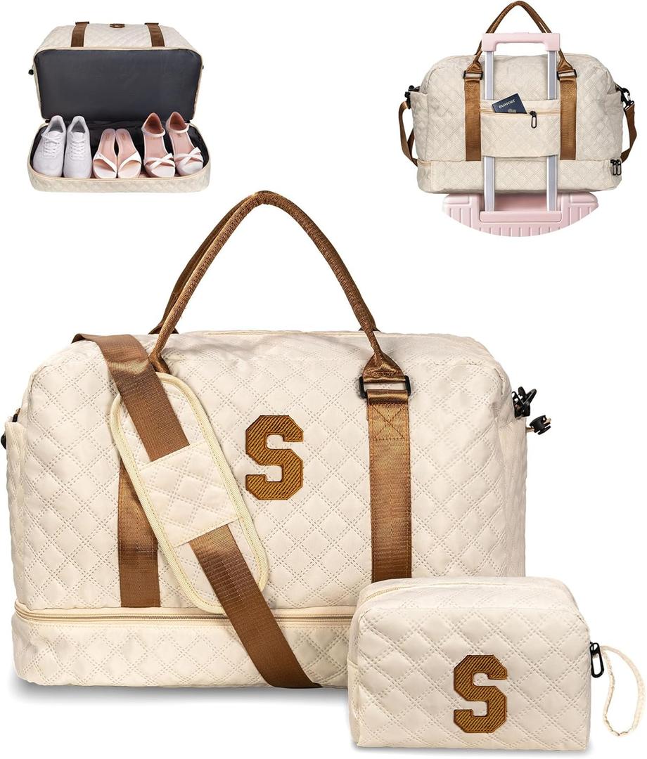 Gifts for Granddaughter-Girl Duffle Bag with Shoe Compartment, Personalized Girl Weekender Bag, Monogram Overnight Bag, Letter Travel Bag with Makeup BagDaughter Friend Gifts (Letter S) (Beige)