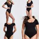 LIZENS Classic Black Short Sleeves Ribbed Scoop Neck Shirts Sexy Button Slimming Solid Color Bodysuit for WomensLL01,XS (XS)