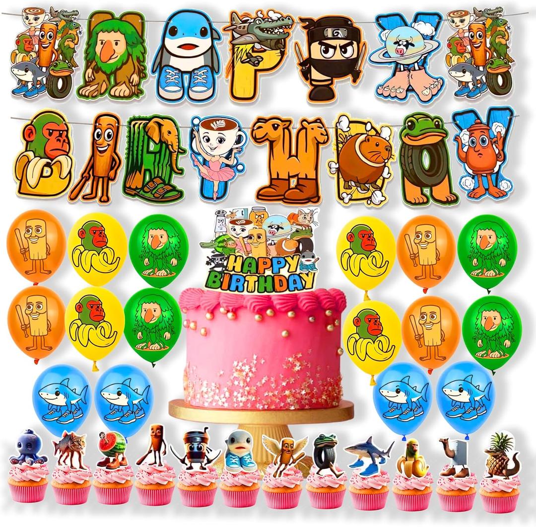 44Pcs Colorful Cartoon Funny Party Decorations Set  Happy Birthday Banner (15 Pcs), Balloons (16 Pcs), Cake Topper & 12 Cupcake Toppers  Ten Birthday Party Supplies