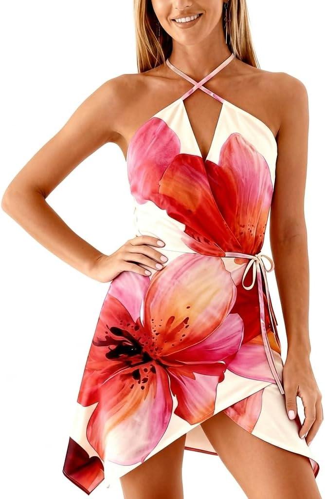 Women's Summer Halter Backless Dress, Floral V Neck Mini Dresses, Sleeveless Sundress - Outfit for Beach/Vacation/Going Out, X-Large