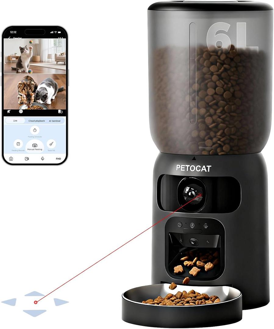PETOCAT AI Automatic Cat Feeder with 2K HD Dual Cameras,5G&2.4G Wi-Fi 6L Cat Food Dispenser with Cats Recognition& Diet Tracking, Laser Interactive Toy & Two-Way Audio