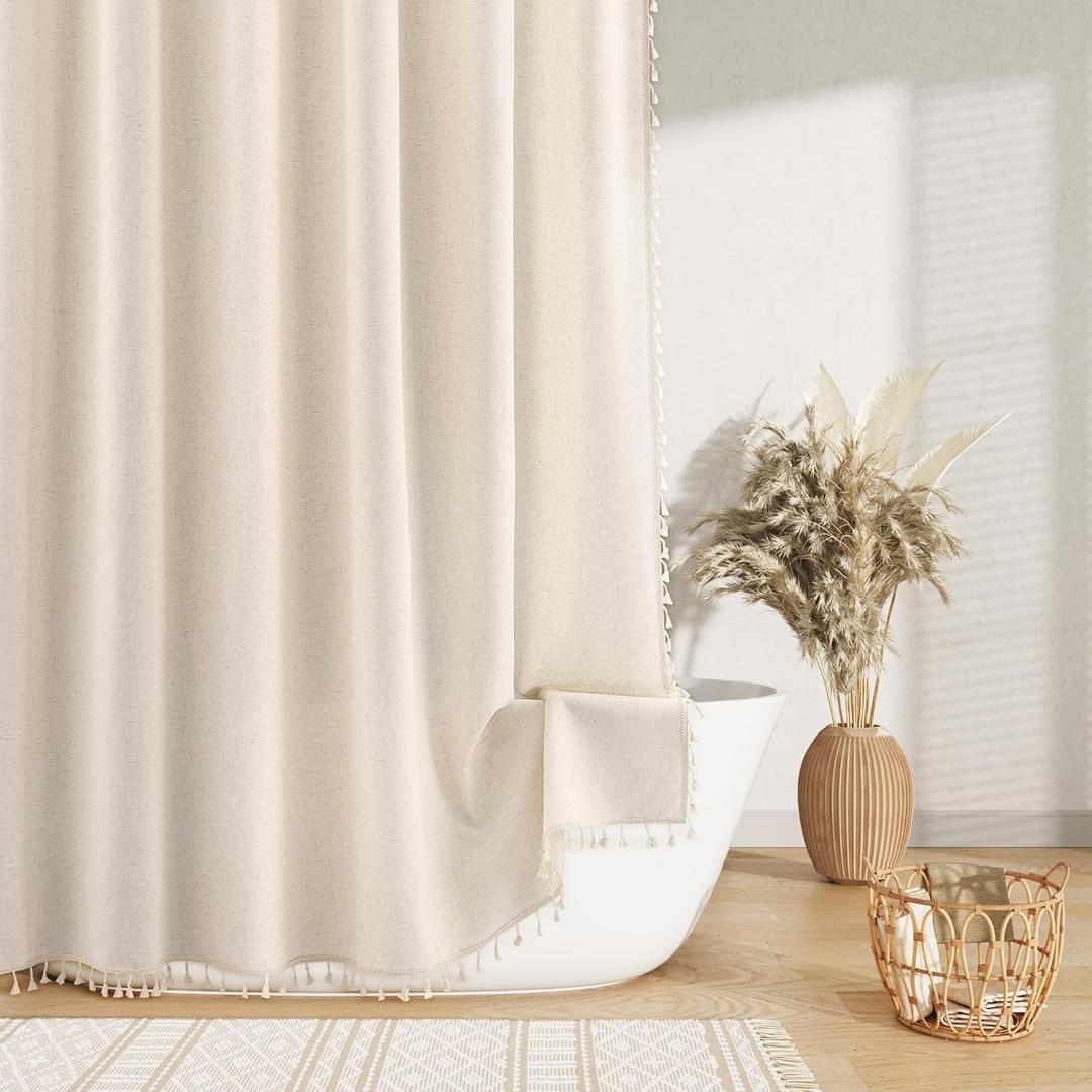 Nanspring Beige Boho Linen Shower Curtain 72 Inch Cute Tassel Natural Boho Vintage Rustic Fabric Bath Curtain Set with Hooks Neutral Farmhouse Country Elegant Shower Curtain for Bathroom Beige, Linen, 72"W x 72"L (Pack of 1)