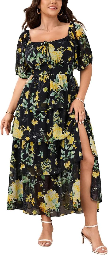 SCOMCHIC Womens Plus Size Maxi Dress Wedding Guest Tiered Long Dresses | Puff Short Sleeve Floral Dress, Elegant Cocktail Dress, Evening Party Dress, Formal Dresses, Summer Dresses, Dress with Slit (XXL)