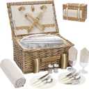 G GOOD GAIN Picnic Basket for 2 - Wicker Picnic Set with Waterproof Blanket| Large Picnic Hamper with Insulated Cooler & Cutlery Kit for Couples Camping,White Flower, 15x11x7.5inch