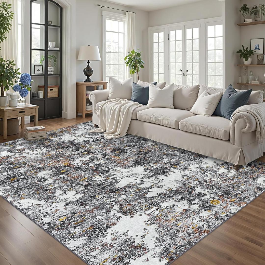 Area Rug 9x12 Living Room: Large Washable Rug with Anti-Slip Backing Non-Shedding Stain-Resistant Soft Abstract Carpet for Bedroom Dining Room Nursery Home Office (Gray/Multi)