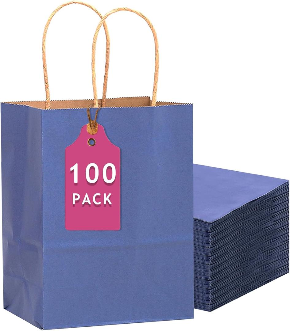 qiqee 100PCS Gift Bag with Handles Bulk Kraft Deep Blue Paper Bags Multiple Uses (13''x5 x10 inch Large Size)