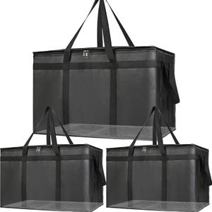 Bodaon Large 3-Pack Insulated Food Delivery Bag with hard bottom, XXXL Catering/Pizza Cooler Bags, Rideshare Delivery Bag, Thermal Cold/Hot Styrofoam Carrier for Travel/Shopping/Car (Black)