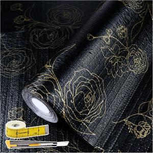 Shelf Liners for Kitchen Cabinets 12in x 30FT Non Adhesive Drawer Liner Black Floral Thickened Shelf Liner Paper Strong Non-Slip Easy to Clean for Tool Box Refrigerator with Knife and Tape Measure, 12"W x 354.3"L