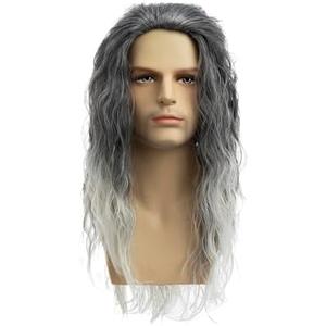 Baruisi Long Curly Wavy Grey Wigs for Men Synthetic Natural Party Halloween Cosplay Hair Wig