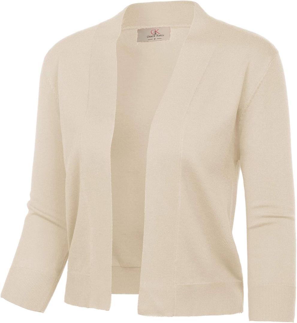 GRACE KARIN Women Cardigan Sweaters Lightweight Knit Cropped Cardigans Trendy 3/4 Sleeve Shrug Bolero S-3XL (Beige)