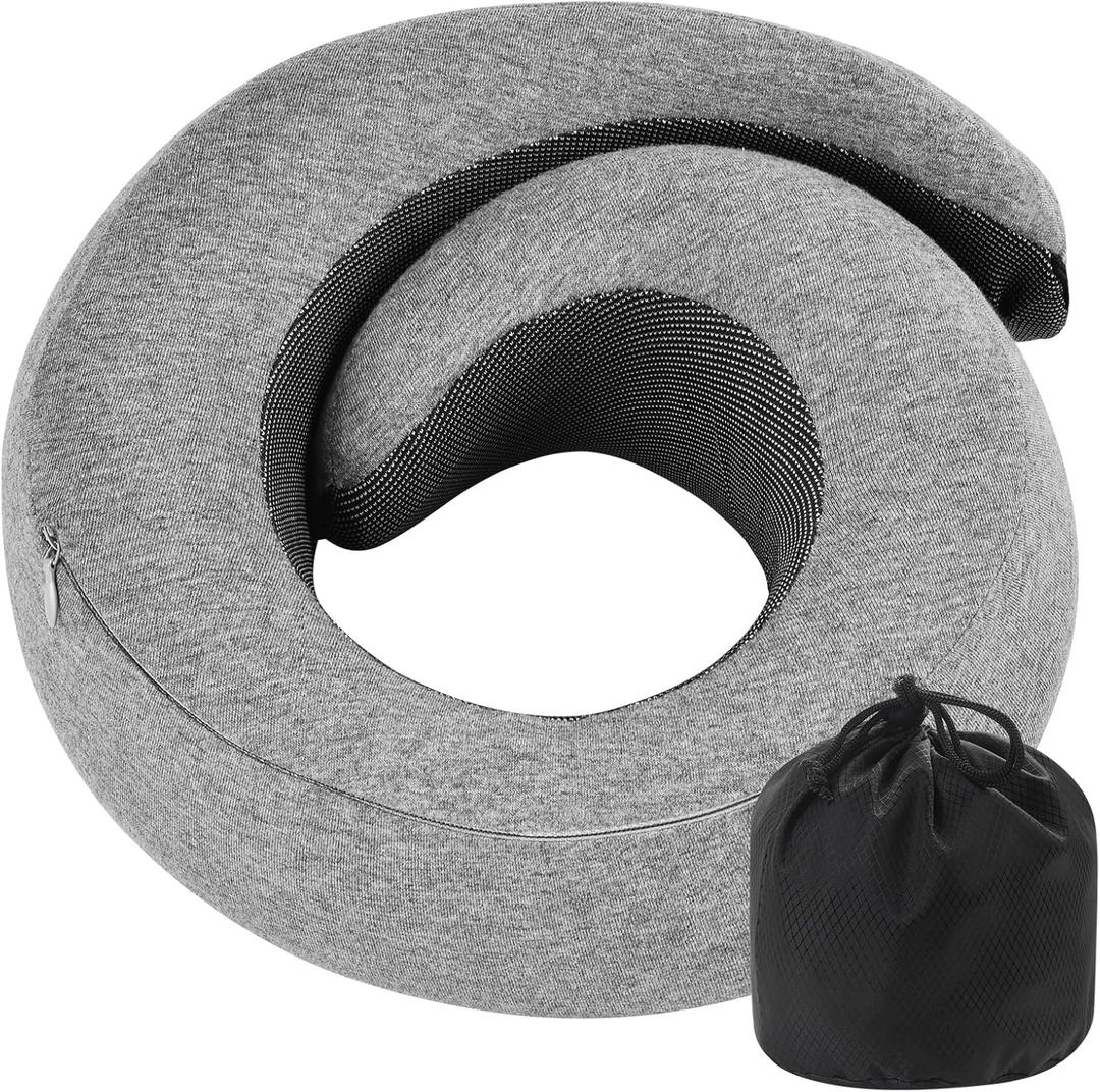 REDOFFTravel Pillow for Neck Support, Memory Foam Neck Pillow for Airplane, Car, Office - Adjustable Strap with Magic Tape, Breathable & Portable with Storage BagGray