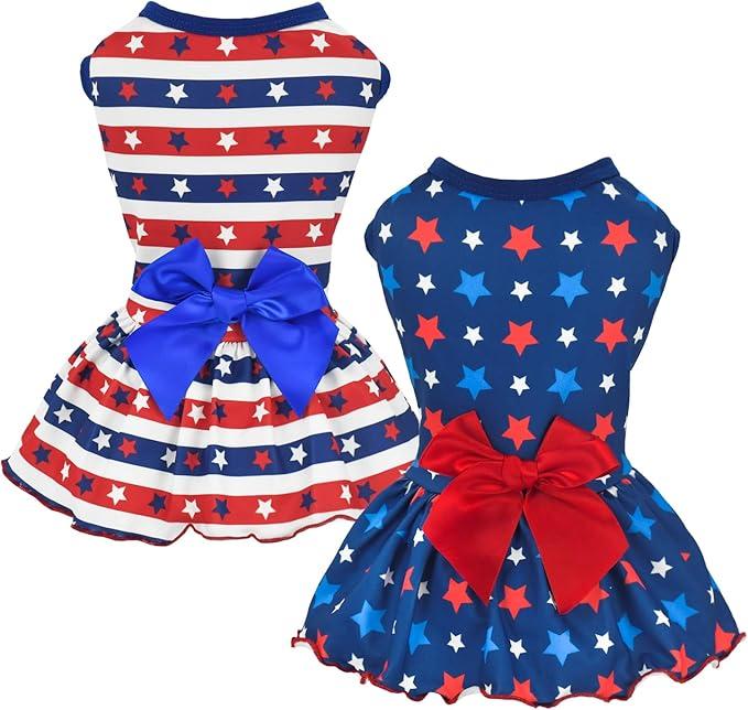 2-Pack 4th of July Dog Dress Independence Day Puppy Cat Dresses USA Flag Pet Clothes Costume Dog Stripes Stars Outfits Skirts for Small Medium Dogs S