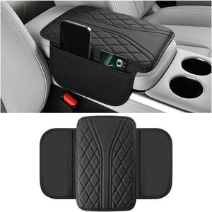 Car Center Console Cover, Leather Vehicle Armrest Box Pad with 2 Storage Bags, Automotive Interior Arm Rest Cushion Protector Accessories, Universal for SUV Sedan Truck (Black)