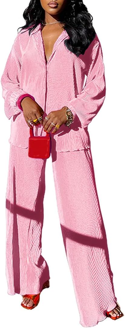 kaimimei Casual 2 Piece Outfit for Women - Linen Long Sleeve Button Down Shirt + Flare Pleated Wide Leg Pants Sets Streetwear (Medium, Pink)