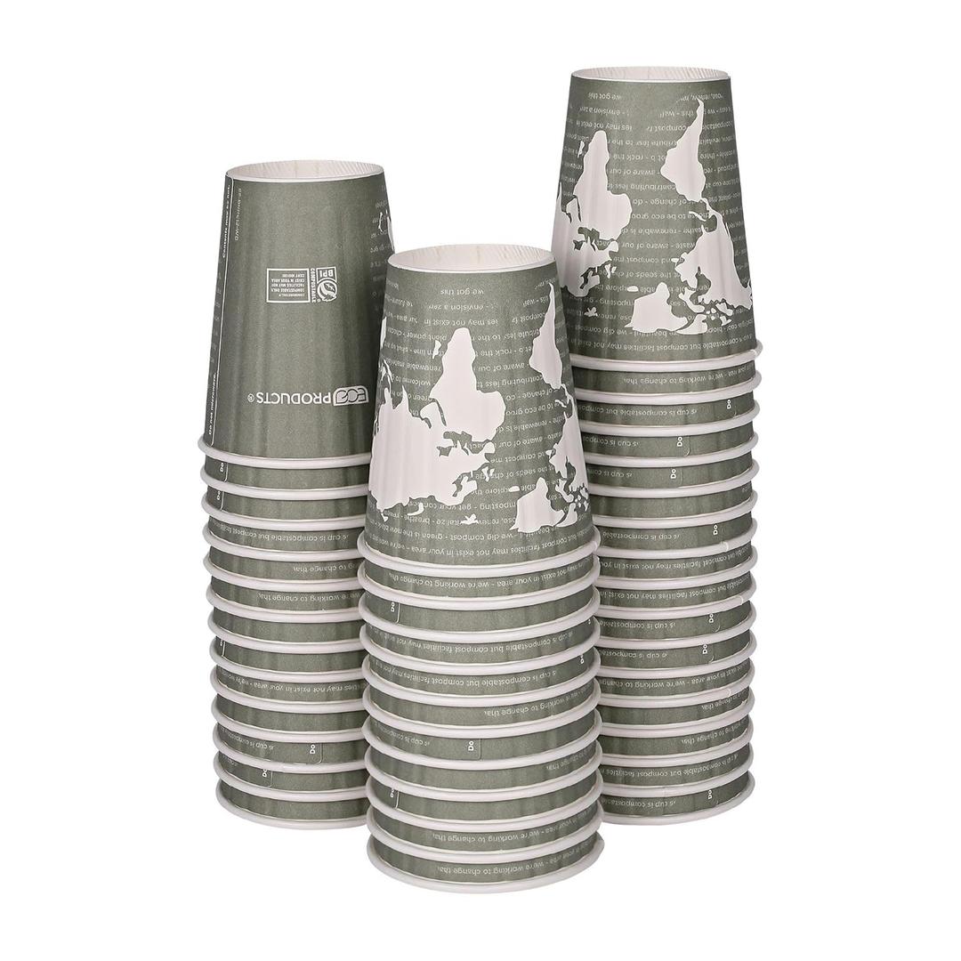 ECO PRODUCTS Compostable Disposable Insulated World Art 12oz Coffee Cups, Pack of 40, Renewable Double-wall Hot Paper Cup, Plant Based PLA Lining, No Sleeves Needed, Color Coded