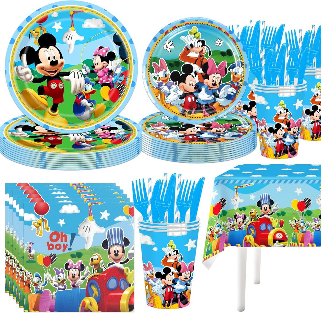 141Pcs Mickey Birthday Party Supplies include 7''plates, 9'' plates, Tablecloth, Forks, Kinfes, Spons, napkins, cups for the Mickey party decoration