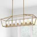 Gold Chandelier, Modern 7 Lights Metal Light Fixture for Dining Room Farmhouse Metal Kitchen Island Lighting Large Rectangle Hanging Pendant Lighting for Living Room Foyer Bedroom