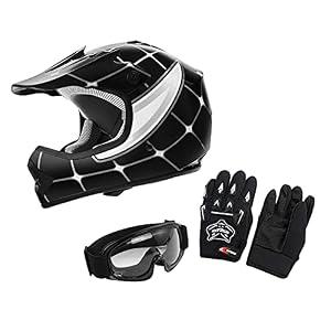 XFMT DOT Youth Kids Motocross Offroad Street Dirt Bike Helmet Goggles Gloves ATV Mx Helmet … (Black Spiders, Large)