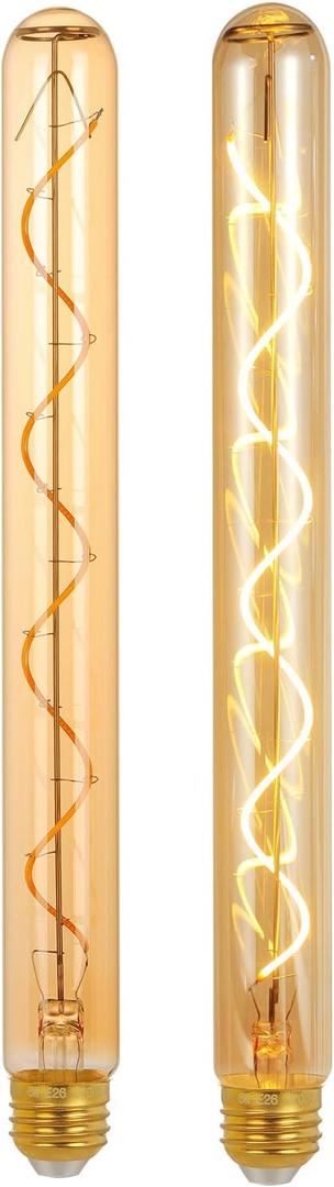 E26 T10 12 Inch Long Tubular LED Edison Bulbs, 6W(60W Eqv) 120V, 2500K Warm White, Dimmable, Spiral Filament, Amber Glass, One Ft Long Lighting Tube, Vintage Decorative Bulbs, 2 Pack