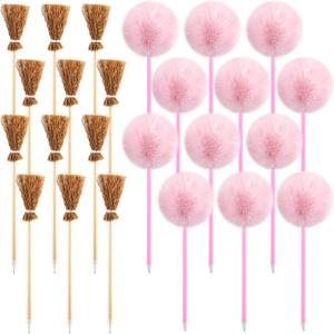 24 Pcs Witch Party Favors Including 12 Witch Broom Pens and 12 Pink Pom Pom Ballpoint Pens, Goodie Bags, Stuffer Broom Pencils, Wands for Wizard Halloween Party Decorations Gifts (Classic)