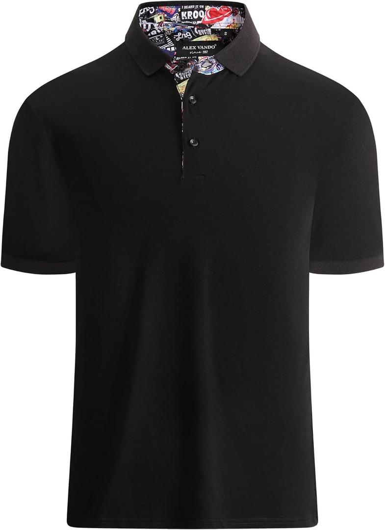 Alex Vando Mens Polo Shirts Short Sleeve Regular Fit Fashion Designed Shirt (Large, Black)