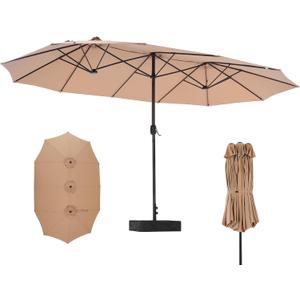 DUMOS 15FT Large Patio Umbrella with Base Included, Heavy Duty Extra Wide Outside Umbrella with 12 Ribbed Bars, Rectangle Outdoor Table Umbrella for Patio, Backyard, Pool, Deck & Garden,Khaki