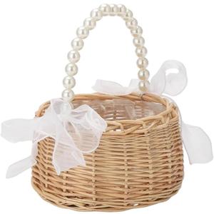 Wicker Rattan Handwoven Bamboo Basket with a Bow and Pearl Handle, for Weddings, Parties, and Home Decoration (6.3inch)